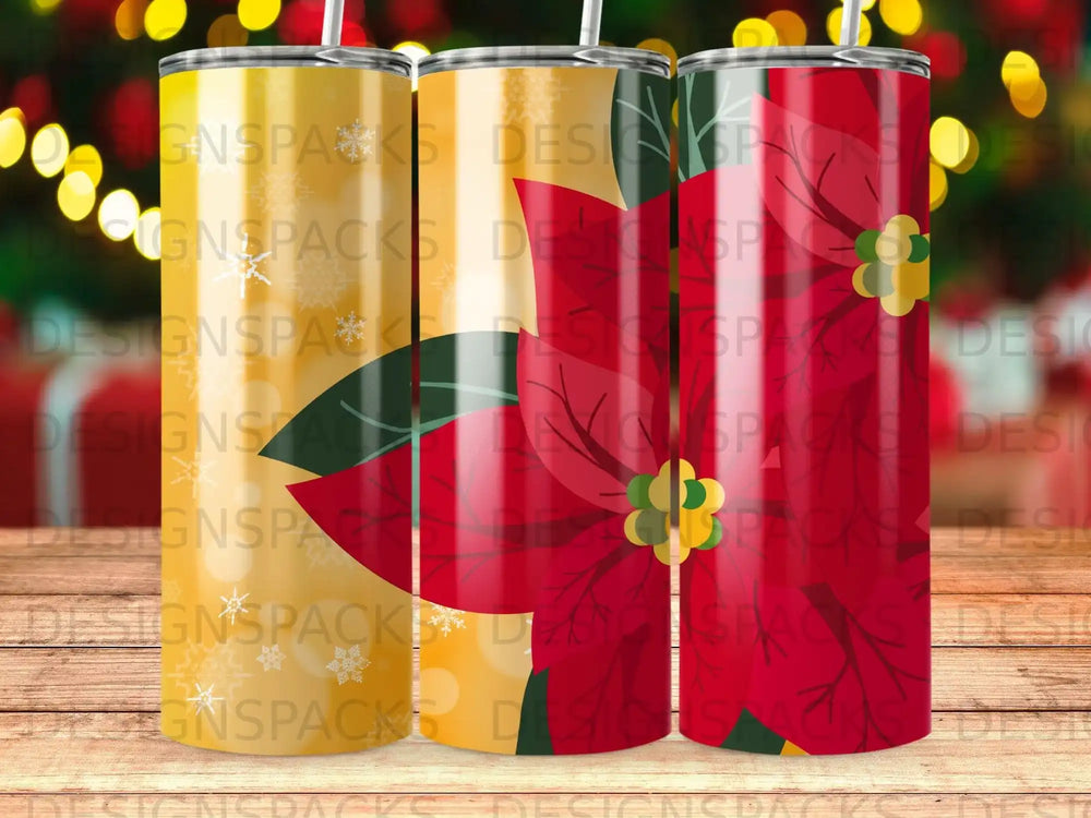 Three tumblers with a red poinsettia and green leaf design.