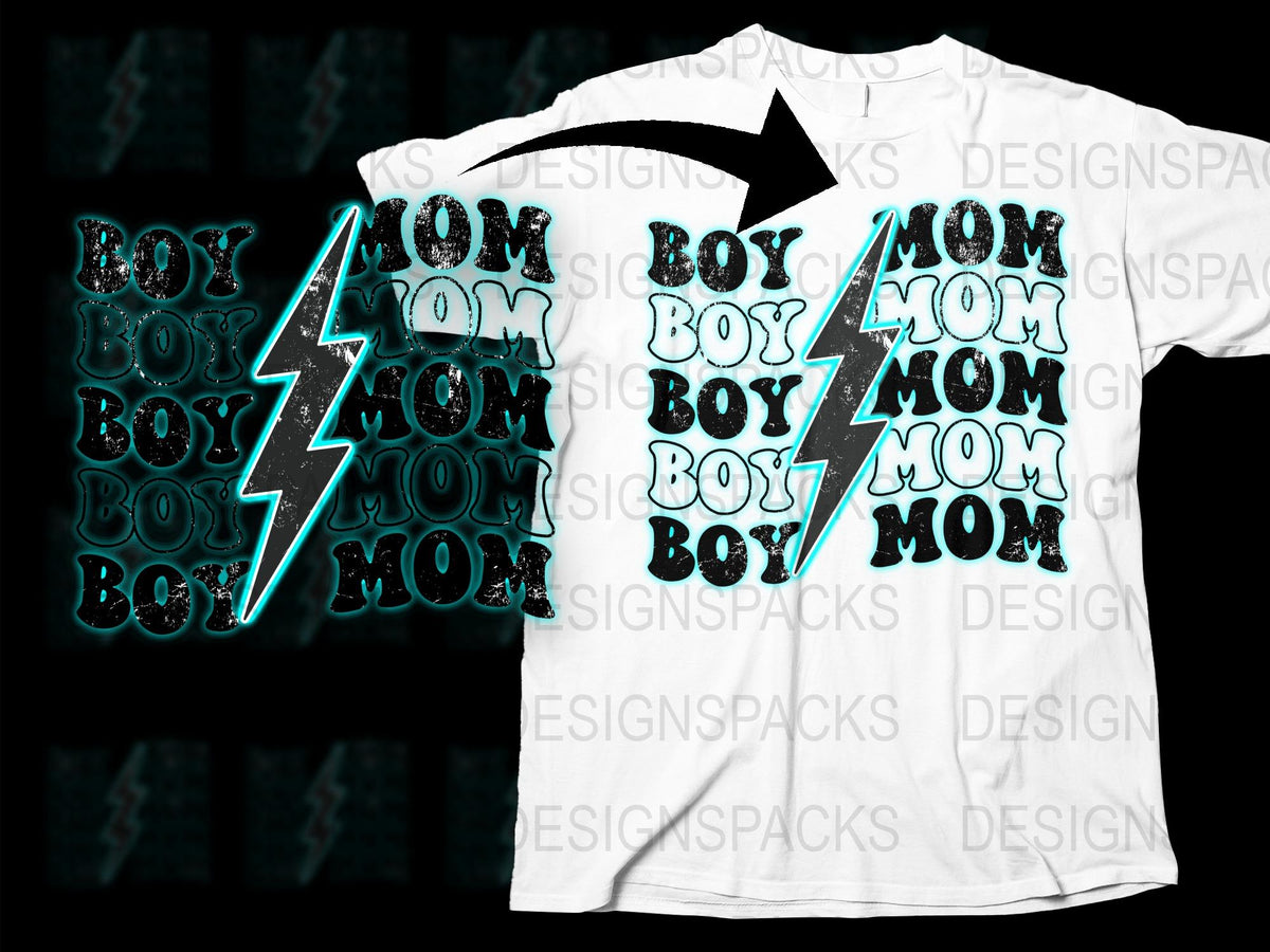 Boy Mom Graphic T-Shirt, Neon Lightning Bolt Design, Trendy Parent Apparel, White Unisex Tee