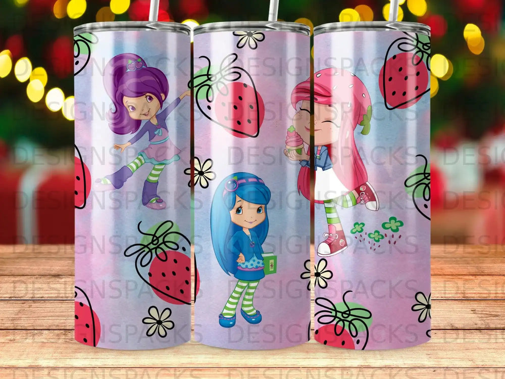 Three colorful tumblers featuring cartoon characters and strawberries.