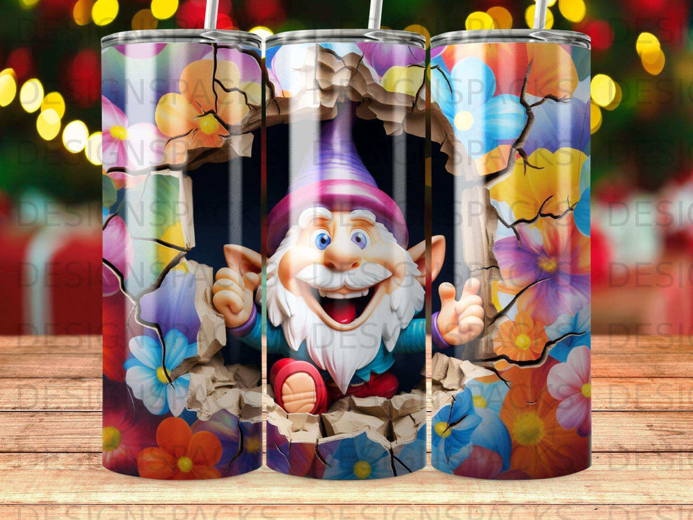 Smiling gnome peeking through a cracked wall with colorful flowers.