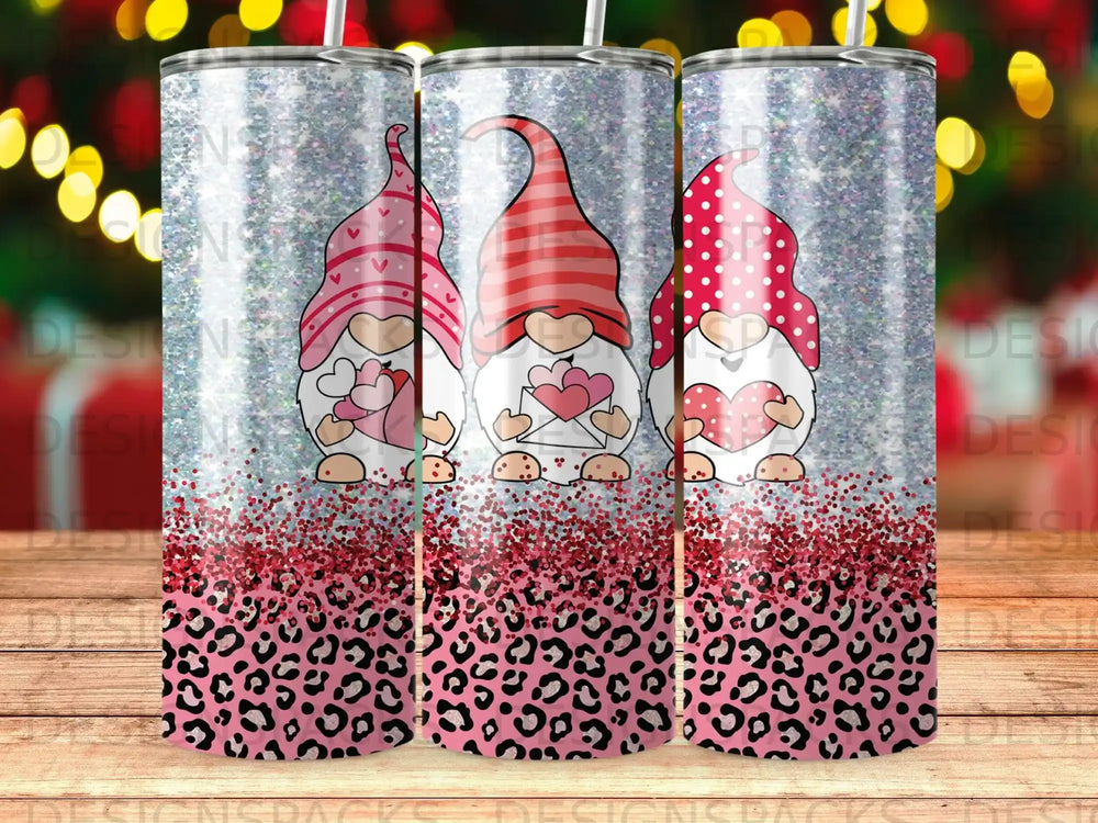 Three gnomes in pink and red hats hold hearts against a glitter and leopard print background.