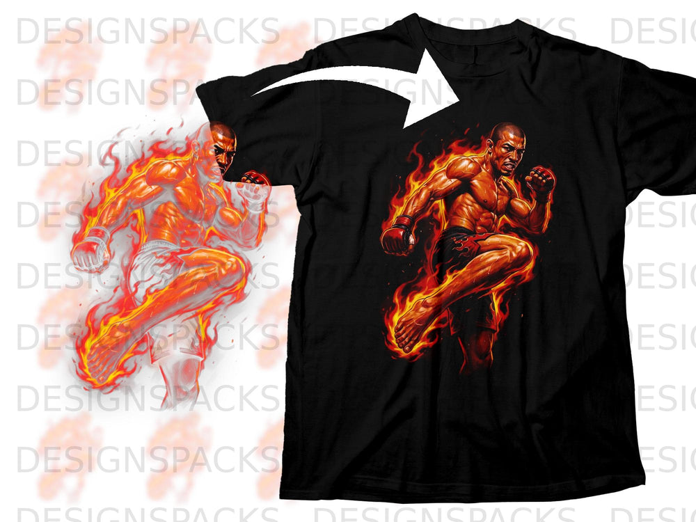Black t-shirt with a flaming MMA fighter graphic in a dynamic pose.