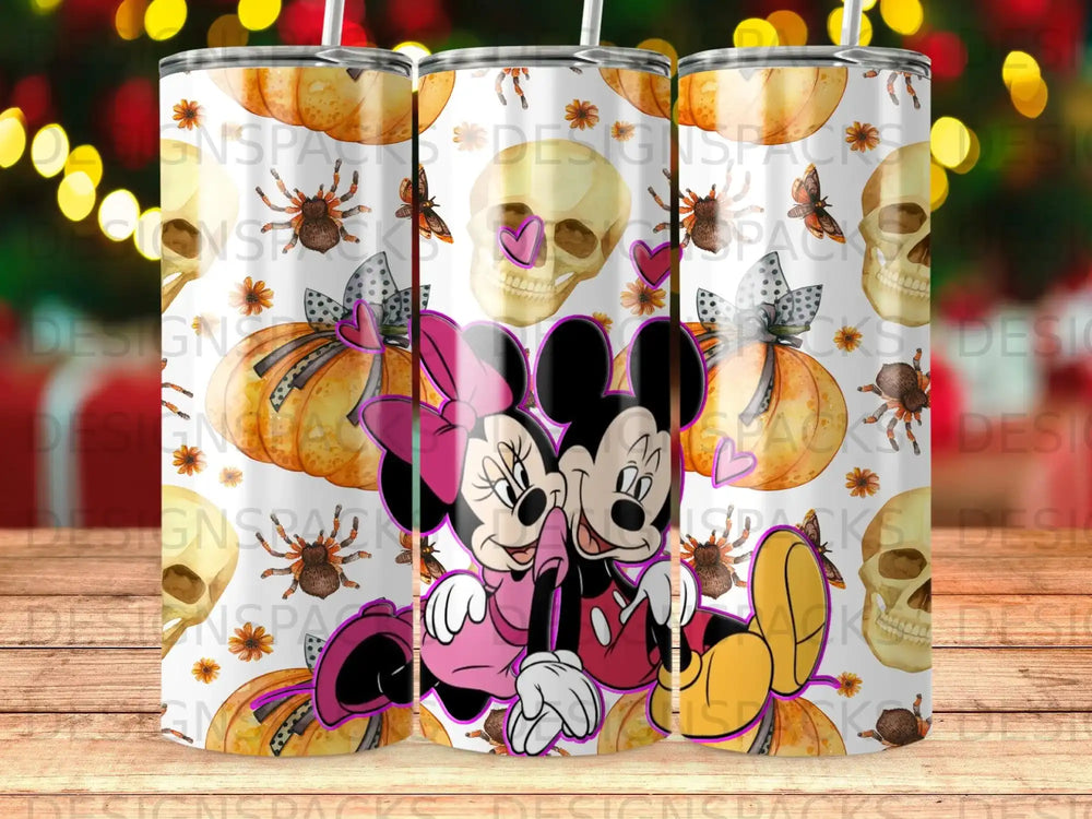 Mickey and Minnie Mouse with pumpkins, skulls, and spiders on a festive tumbler.