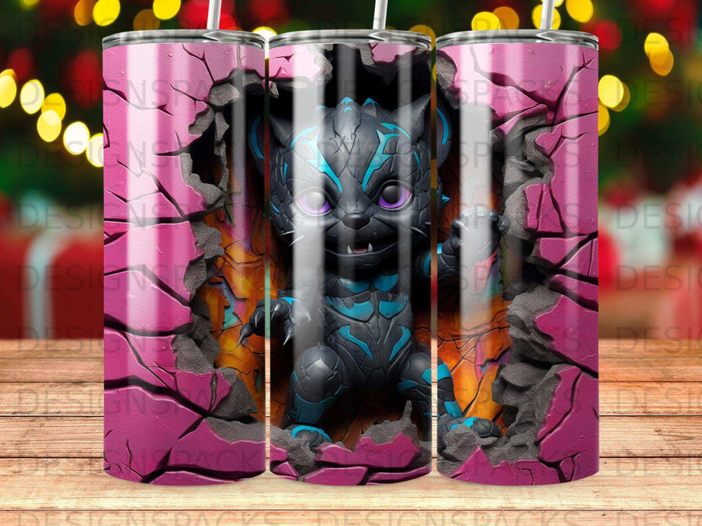Cartoon black panther character breaking through a cracked pink wall.