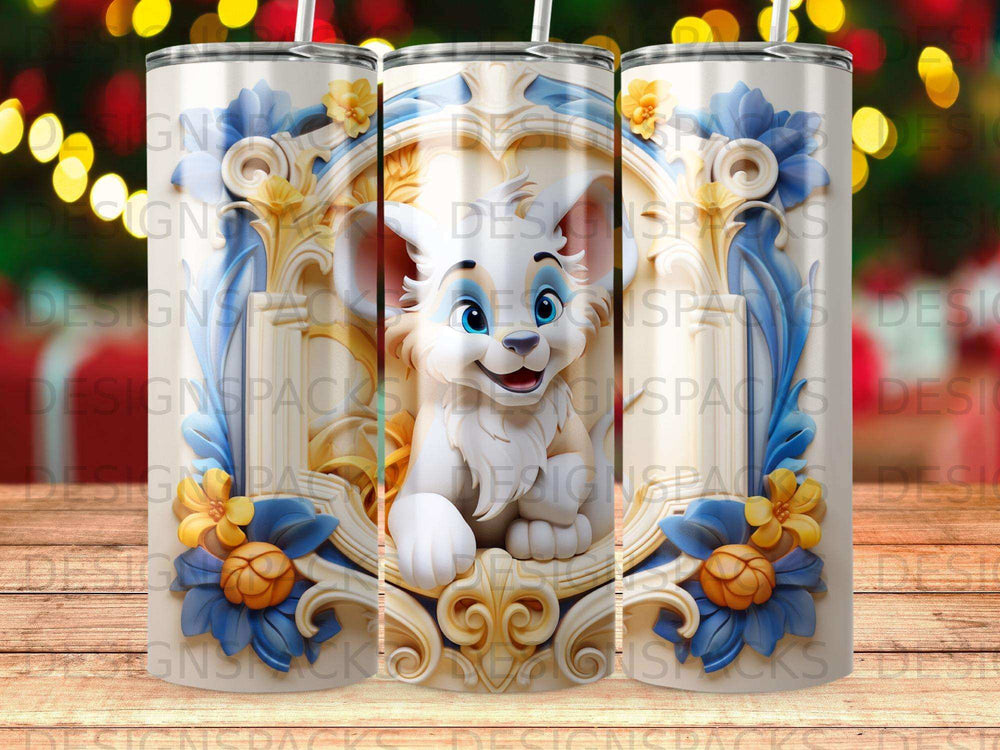 Cartoon lion character with blue and yellow floral accents on a patterned background.