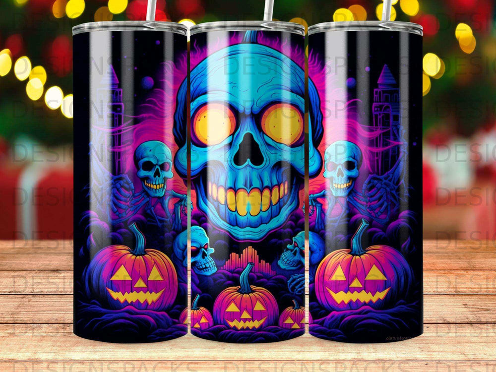 Halloween theme tumbler with skulls and jack-o'-lanterns.