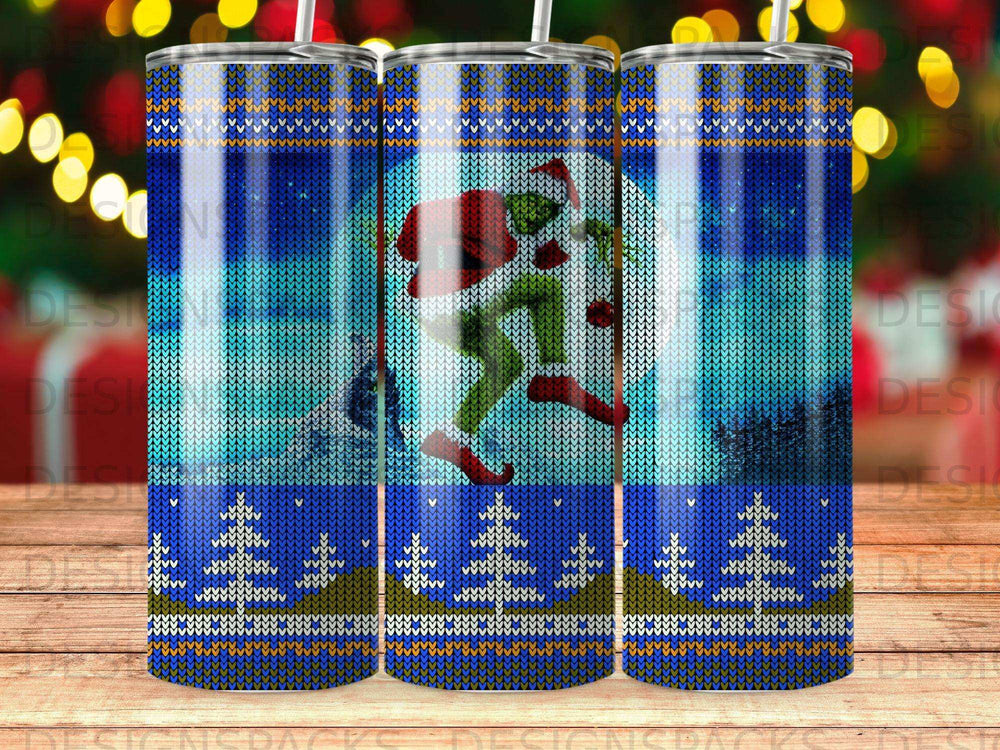 Grinch in Santa hat leaping in a snowy forest, patterned with a blue knitted design.