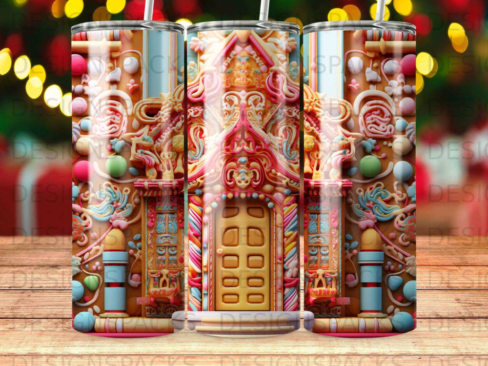Gingerbread house design on three tumblers with festive bokeh lights background.