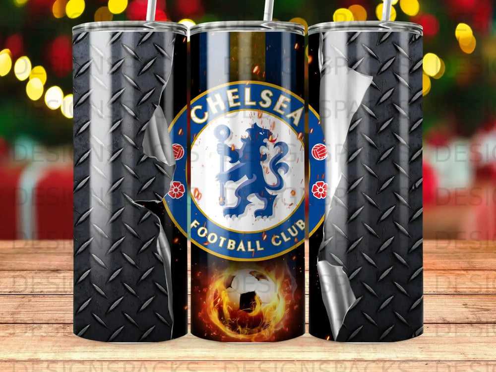 Chelsea Football Club logo with flames on a diamond plate textured tumbler.