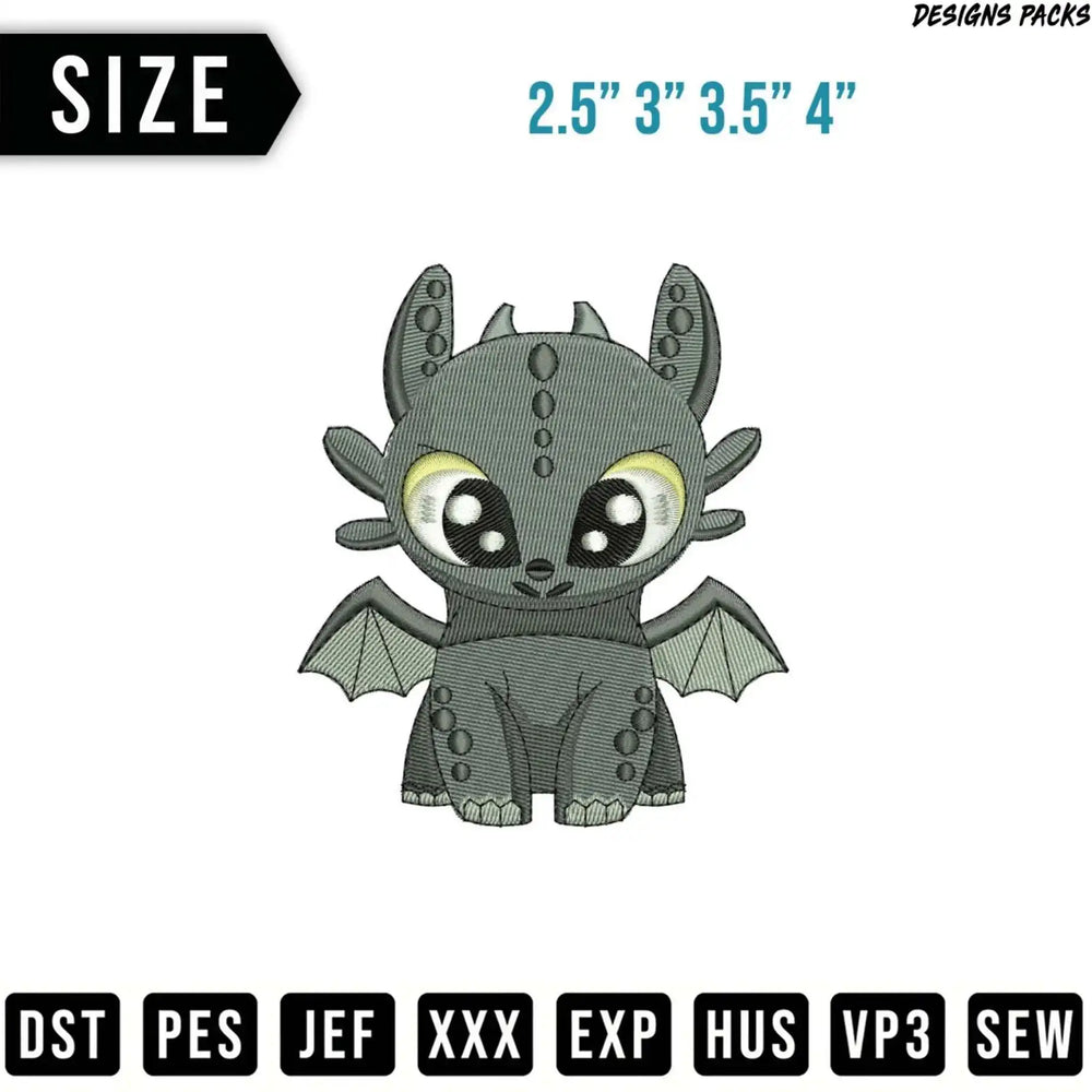 Chibi dragon embroidery design in four sizes with file formats listed.