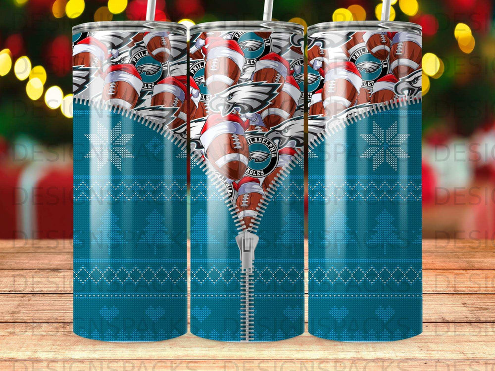 Philadelphia Eagles football pattern with snowflake border and zipper detail.