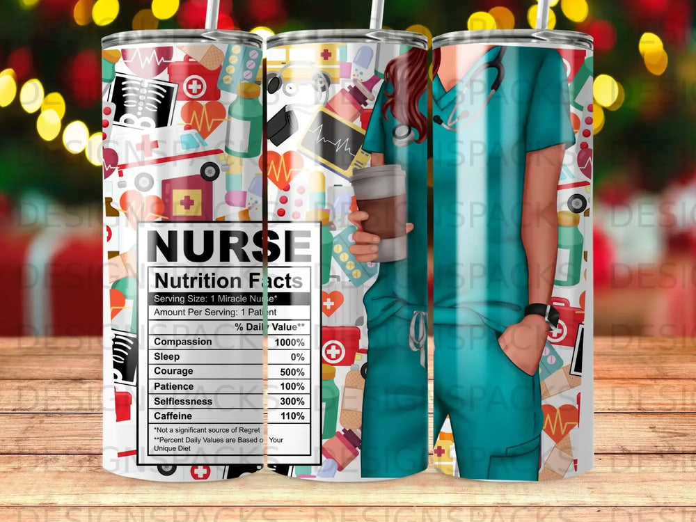 Nurse nutrition facts tumbler with medical icons and text.
