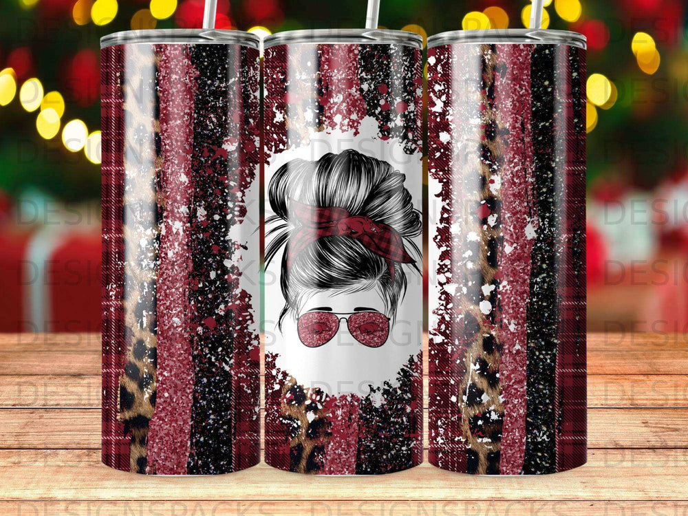 Tumbler with messy bun silhouette, plaid, cheetah print, and glitter design.