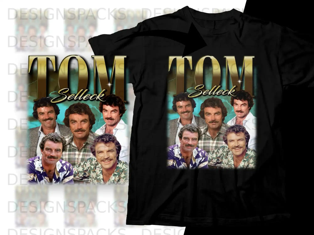 Magnum PI cast with Tom Selleck in central, heroic pose.