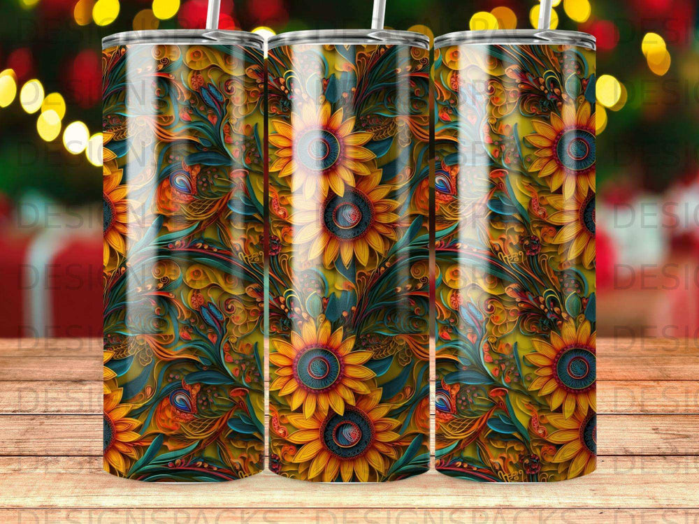Three tumblers with a vibrant floral and sunflower pattern.
