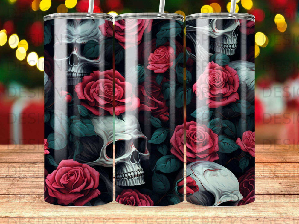 Skulls and dark red roses pattern on a tumbler.