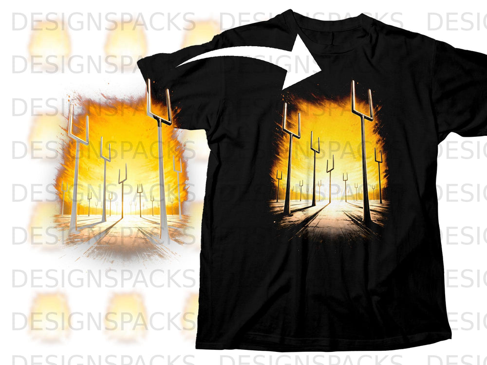 Black t-shirt with a graphic of stadium lights against a fiery sunset.