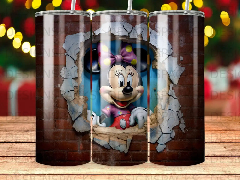 Minnie Mouse peeking through a brick wall with a hole.