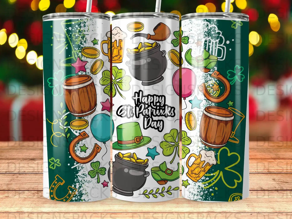 Happy St. Patrick's Day tumbler with shamrocks, leprechaun hat, and beer.