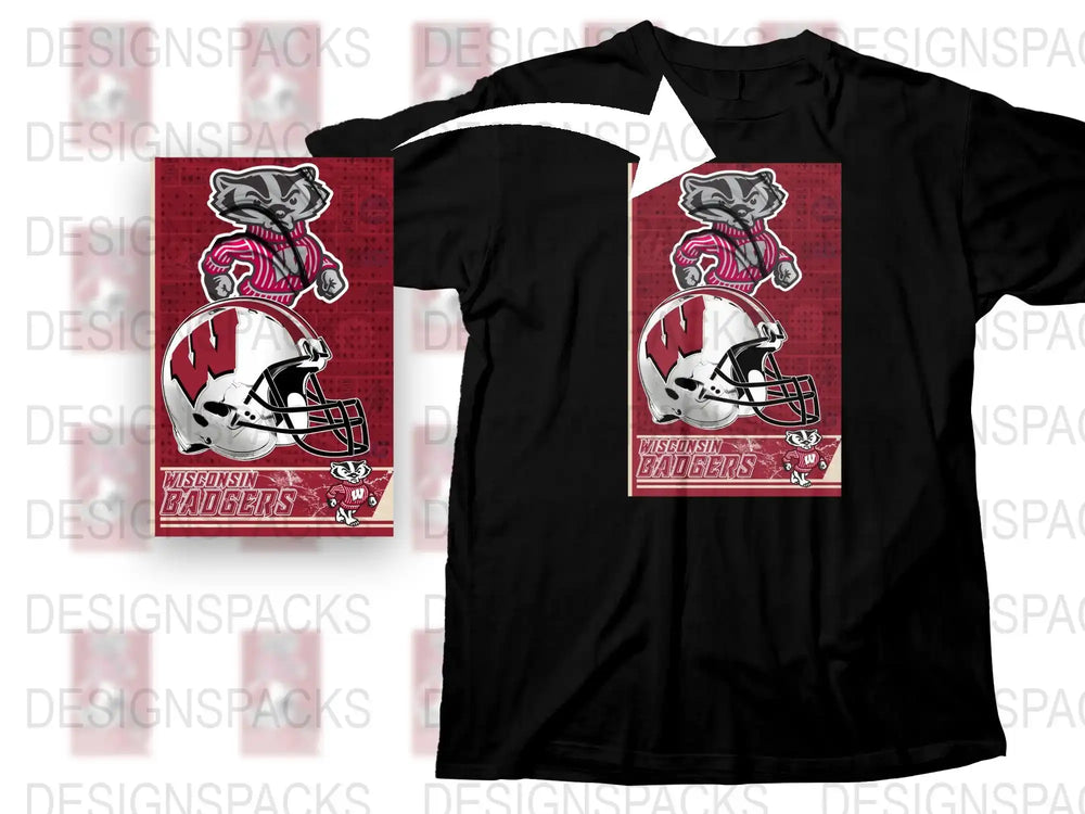 Wisconsin Badgers T-Shirt, College Football Logo, Red Black Sports Fan Apparel