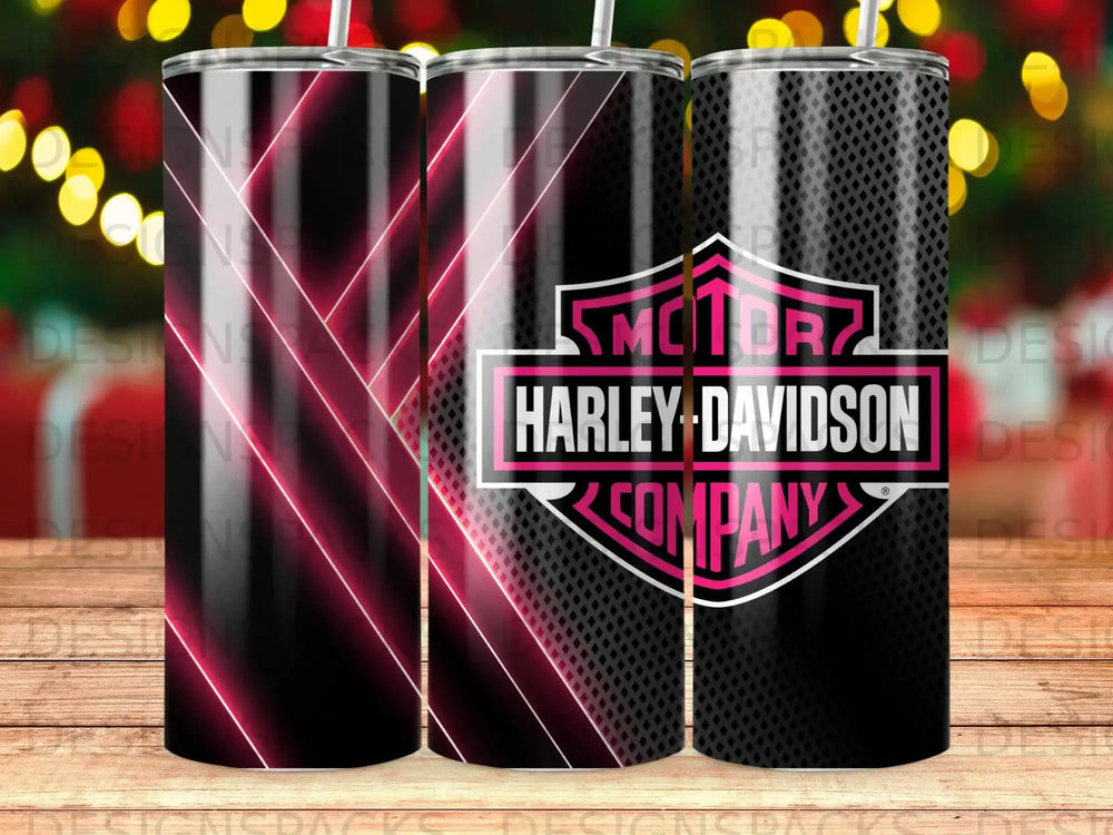 Harley-Davidson logo with pink neon accents on black textured background.