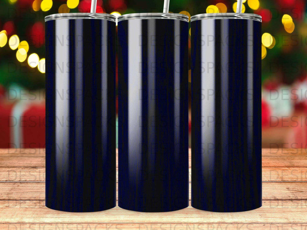 Three dark blue striped tumblers with straws against a bokeh background.