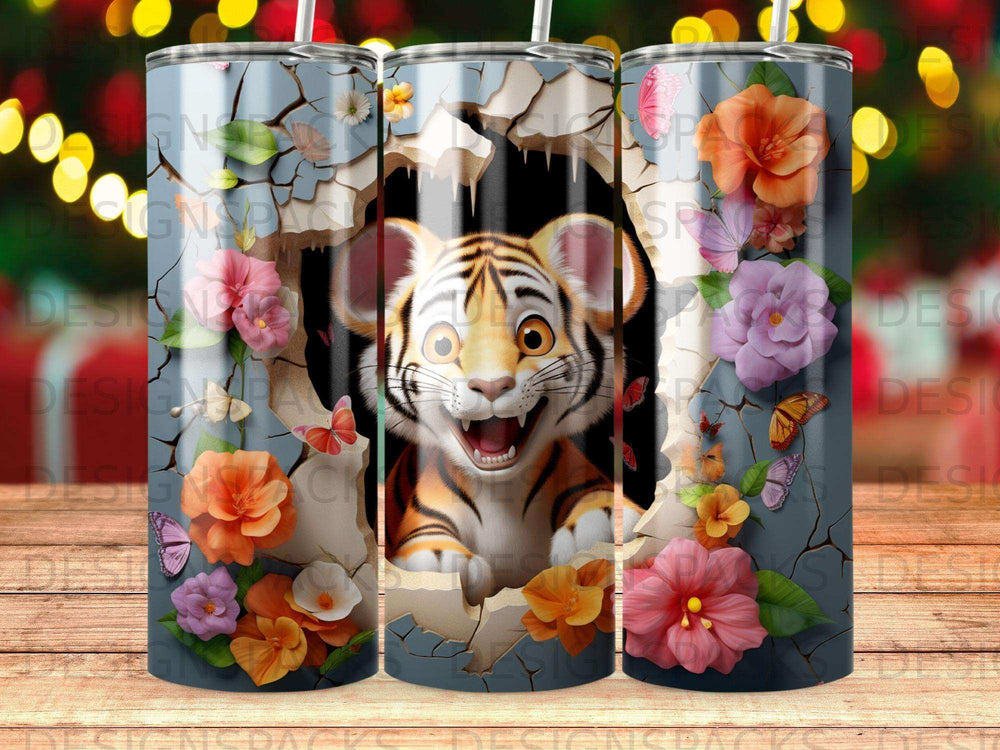 Tiger peeking through cracked surface surrounded by flowers and butterflies.