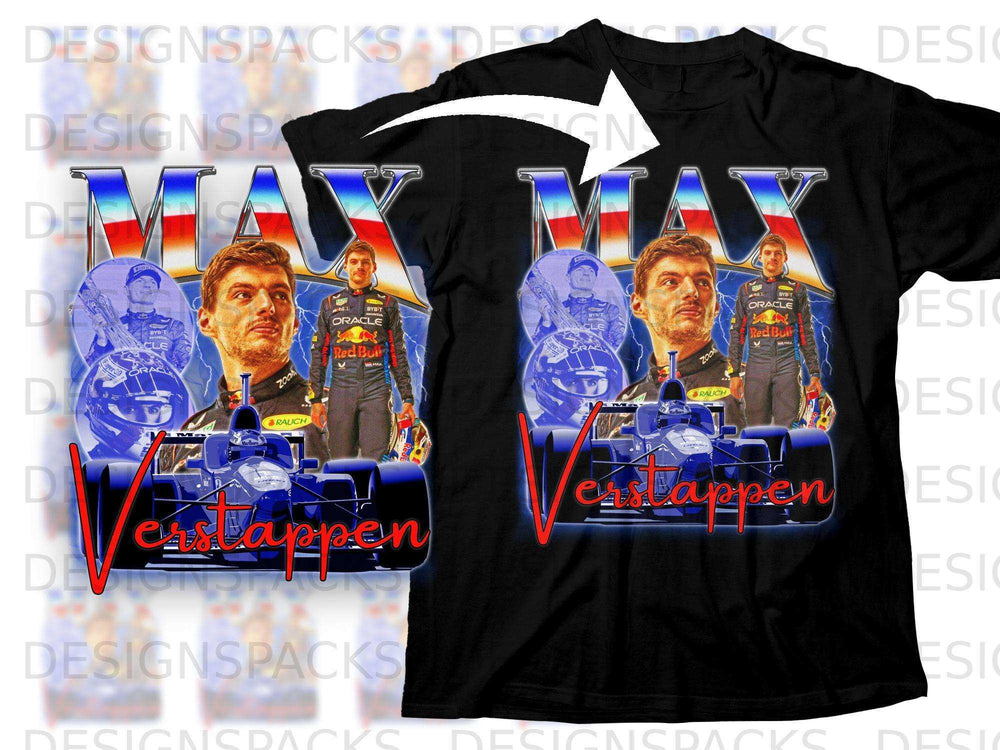 Max Verstappen graphic on a black t-shirt with Red Bull racing branding.