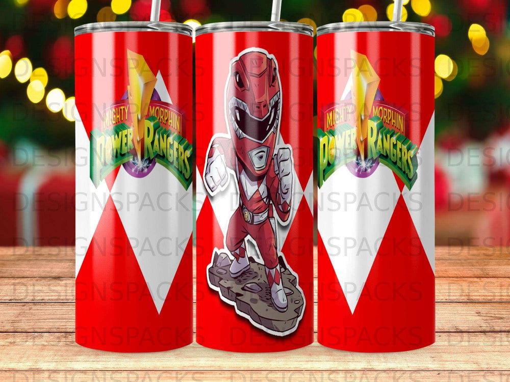 Mighty Morphin Power Rangers Red Ranger on tumbler background with repeating logo.