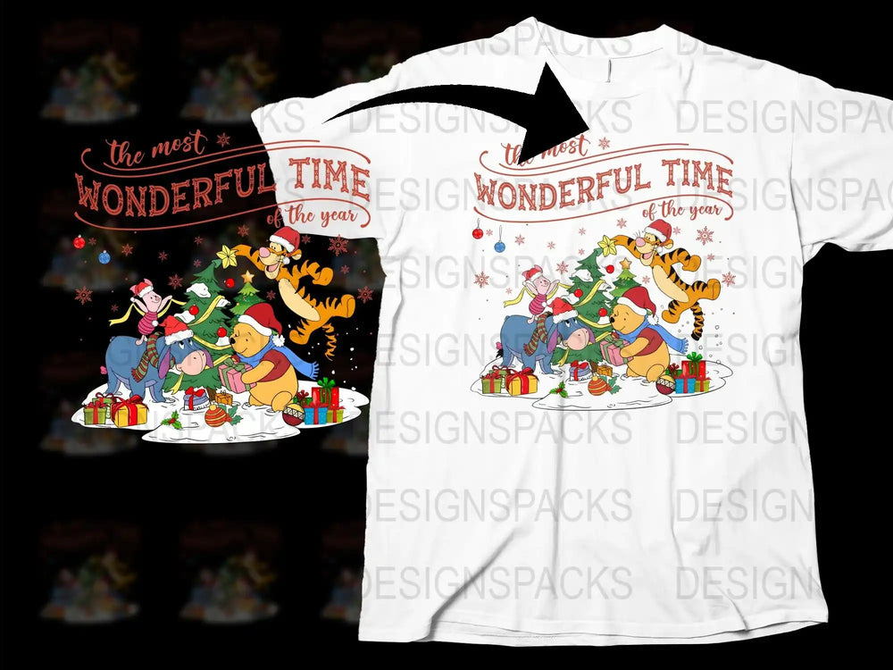 Christmas T-Shirt with Cartoon Animals, Festive Holiday Apparel, Wonderful Time of the Year Tee