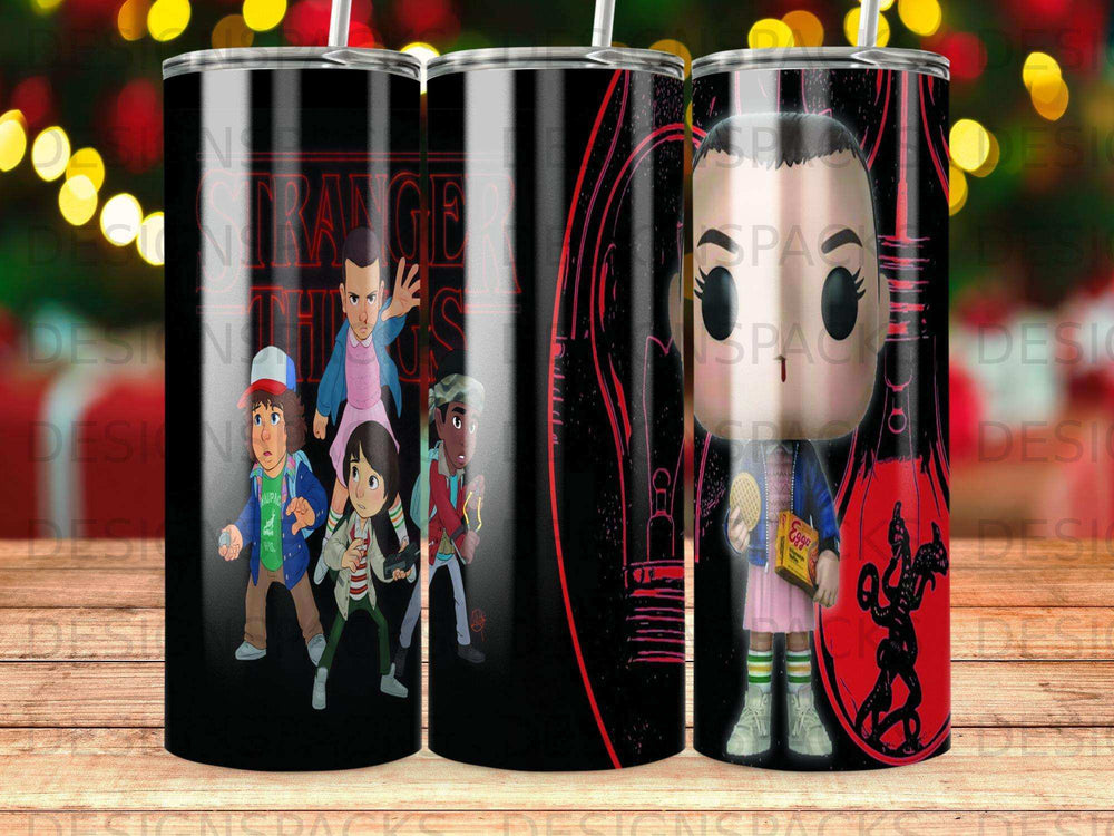 Stranger Things characters Eleven, Mike, Dustin, and Lucas on black tumbler.