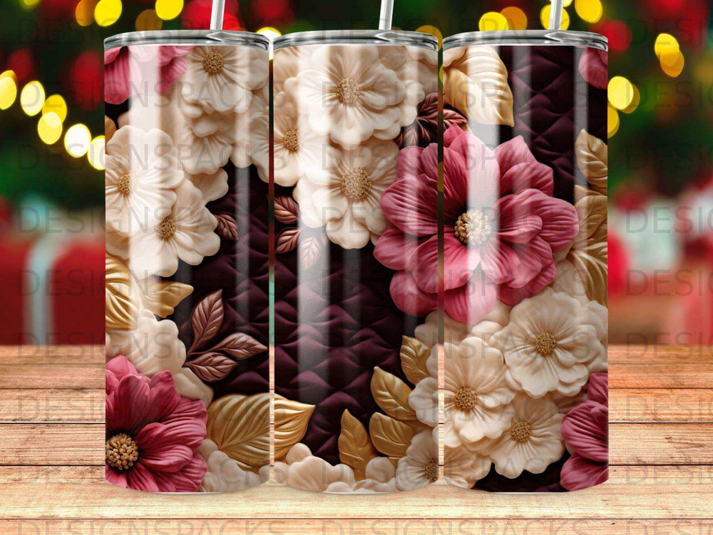 Tumbler with deep red and cream floral pattern on a dark, textured background.