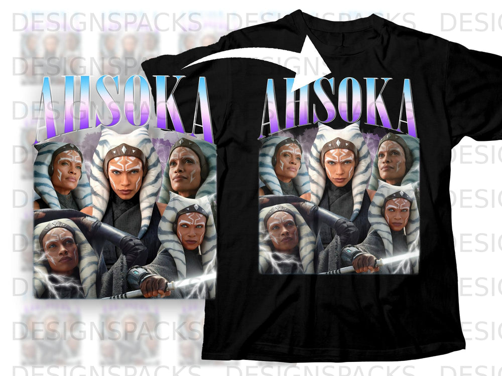 Ahsoka Tano collage with lightning on a black t-shirt.