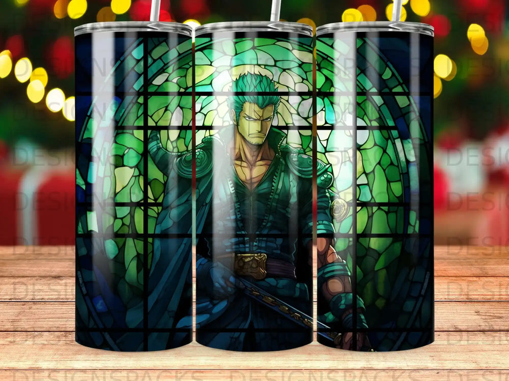 Anime character Roronoa Zoro in stained glass style on a tumbler wrap.