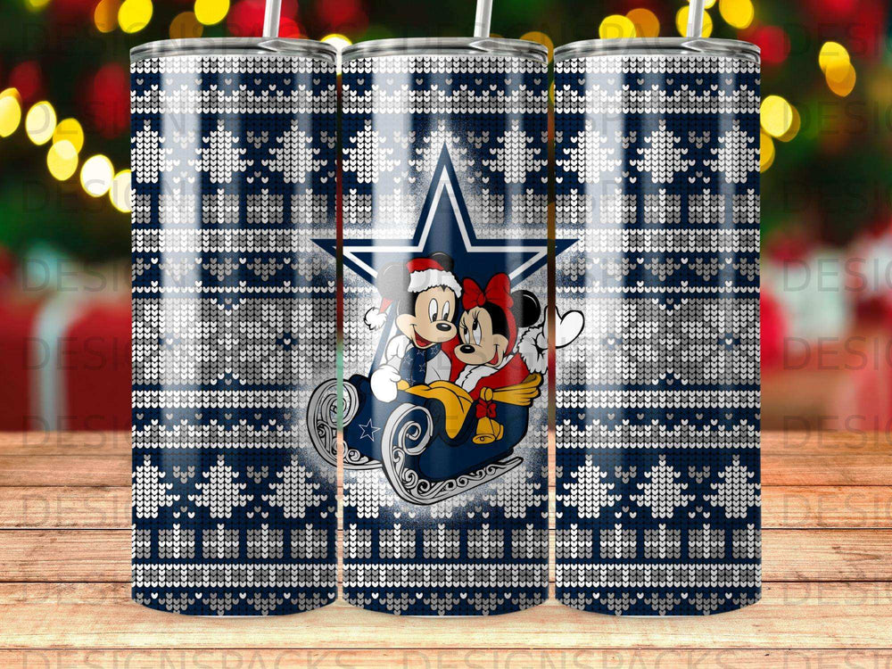 Mickey and Minnie Mouse ride a sleigh on a navy blue sweater-patterned tumbler.