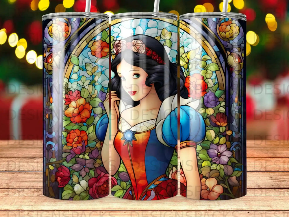 Snow White with flowers in a stained glass window.