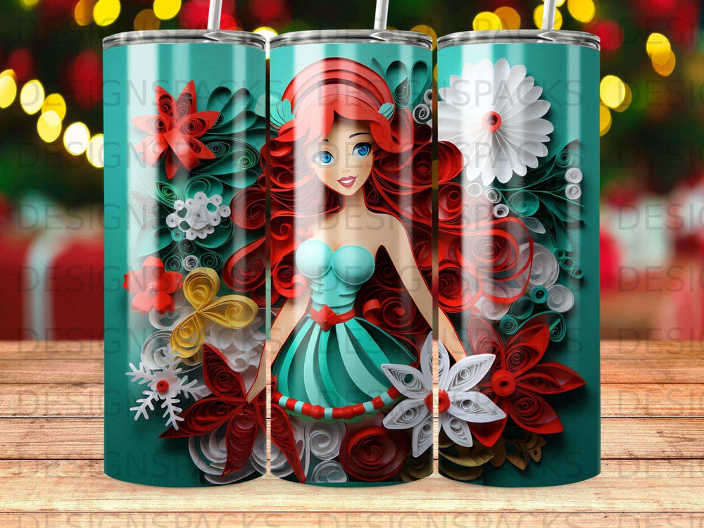 Ariel from The Little Mermaid with quilled paper flowers on a teal tumbler.