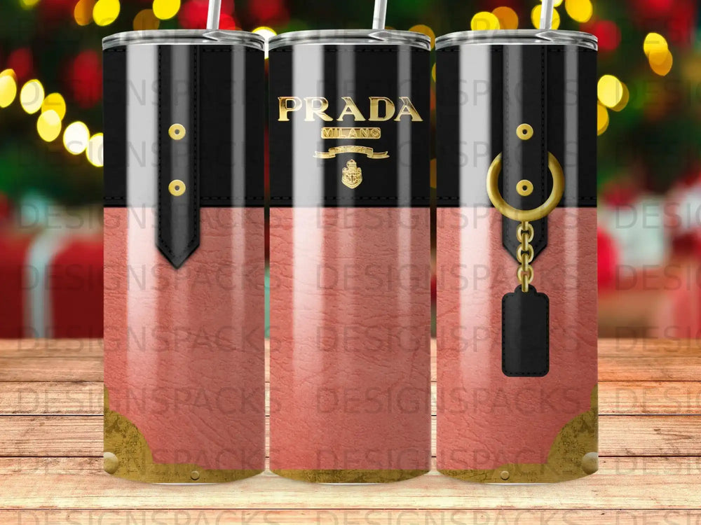 Prada Milano tumbler with gold accents and a chain detail.