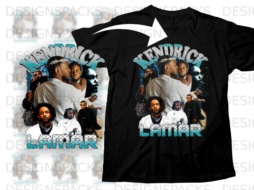 Kendrick Lamar t-shirt with collage of photos and "Kendrick Lamar" text.