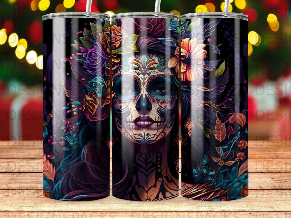Sugar skull woman with floral headdress and dark, colorful accents.