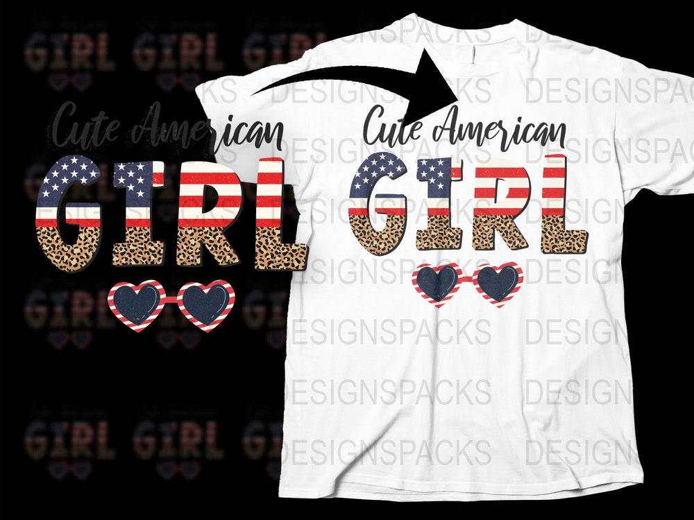 Cute American Girl T-Shirt, Patriotic USA Flag Design, Trendy Graphic Tee for Women and Teens