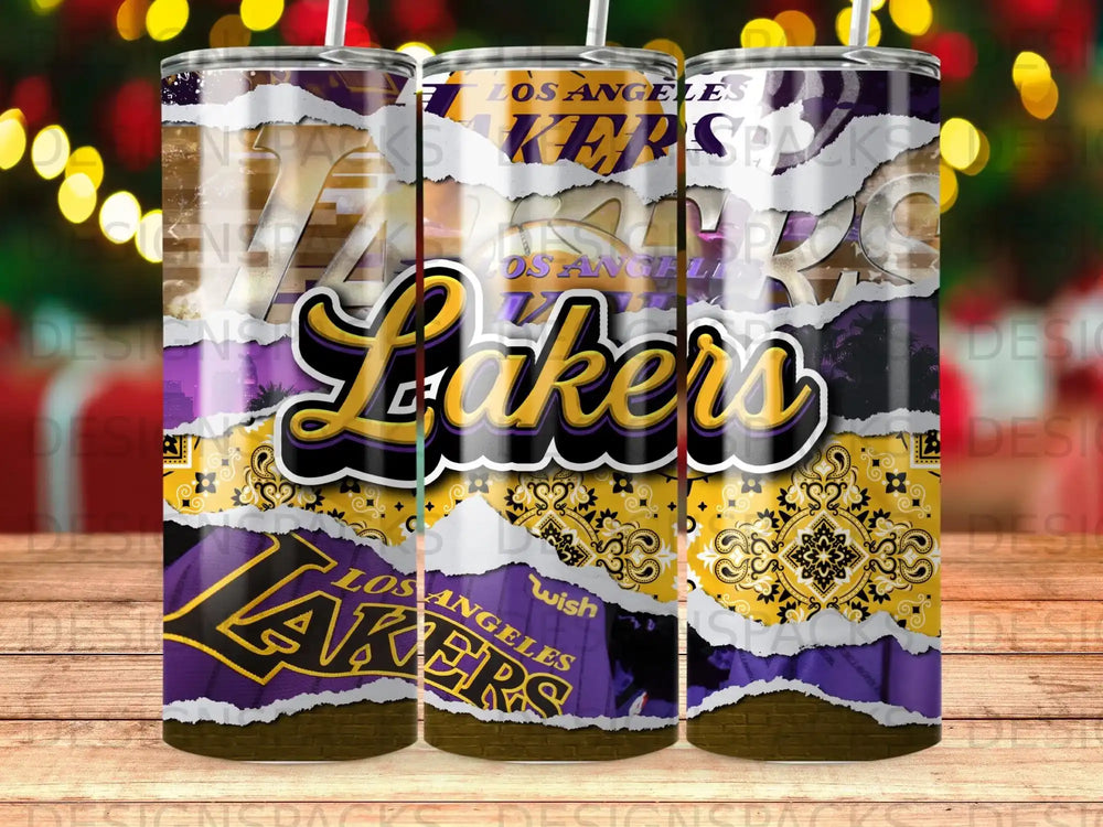 Los Angeles Lakers tumbler with purple, gold, and black bandana pattern.