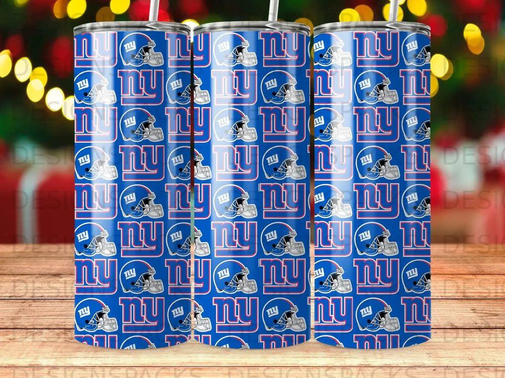 Blue tumbler with repeating New York Giants helmet logo pattern.