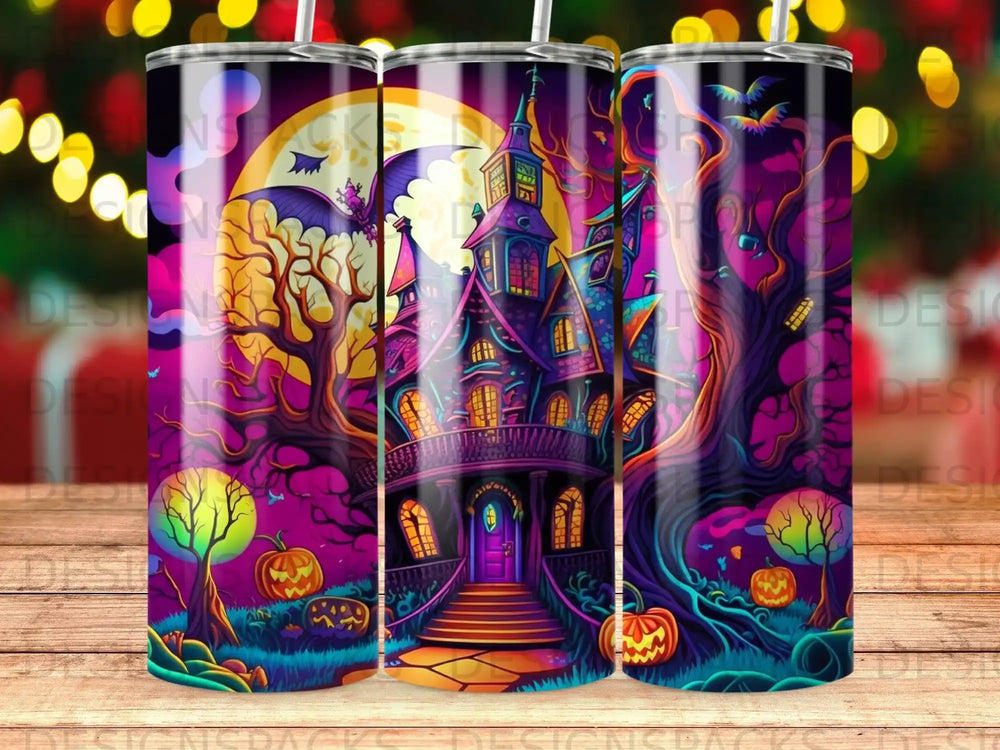 Spooky haunted mansion with pumpkins and a bat under a full moon.