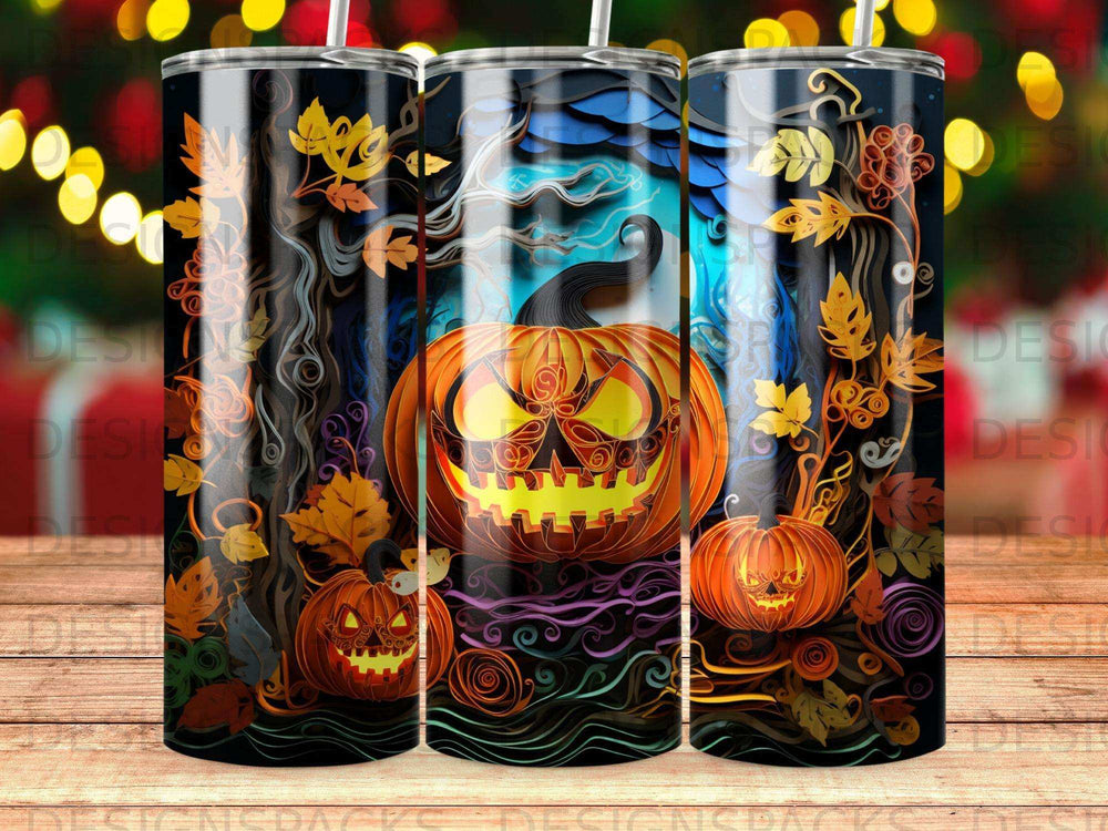 Spooky Halloween tumbler with grinning jack-o'-lanterns and fall foliage.