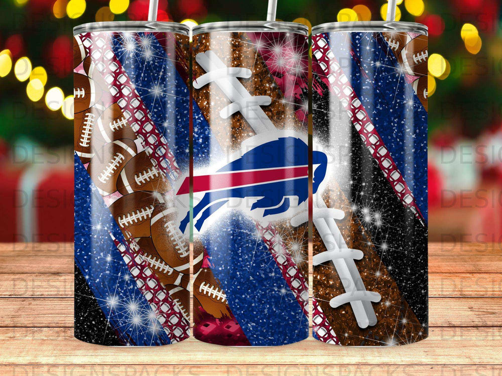 Buffalo Bills football tumbler with glitter and American flag accents.