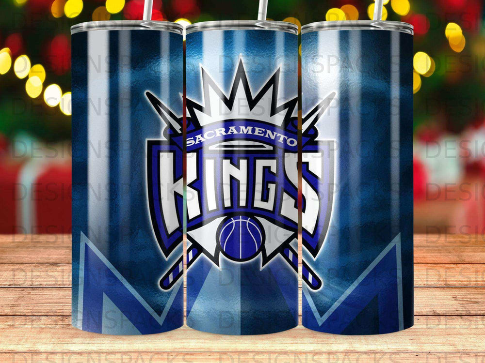 Sacramento Kings logo on a blue and silver gradient tumbler.