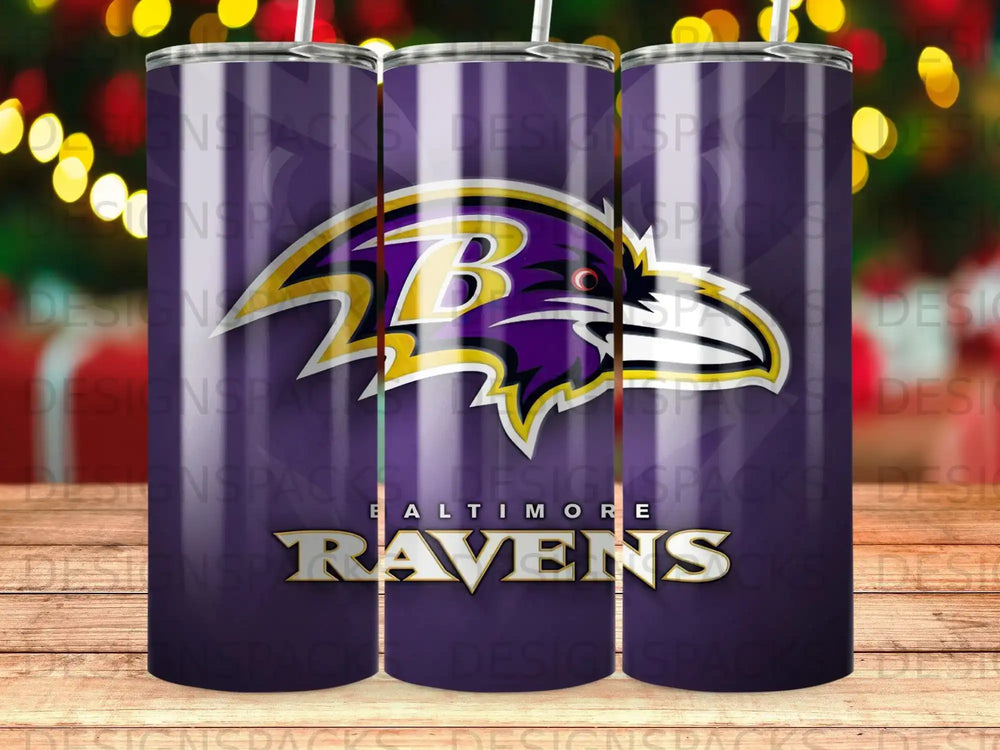 Baltimore Ravens logo and team name on a purple and black gradient tumbler.
