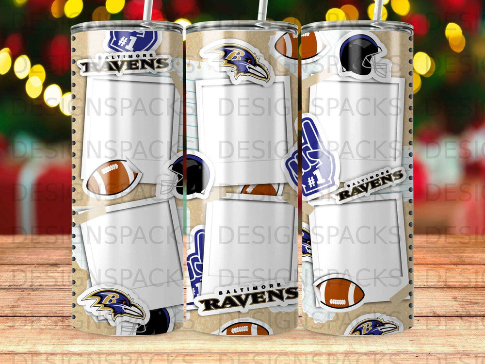 Baltimore Ravens tumbler with team logo and football graphics on a wooden background.