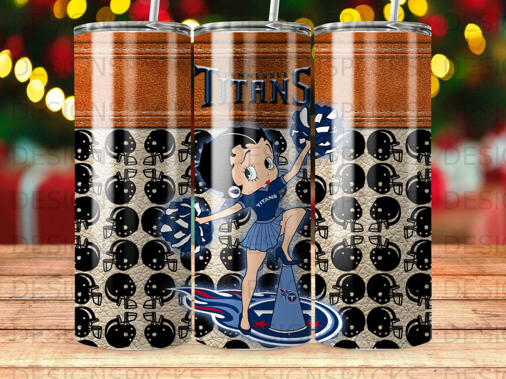 Betty Boop in Tennessee Titans cheerleading outfit with pom-poms.